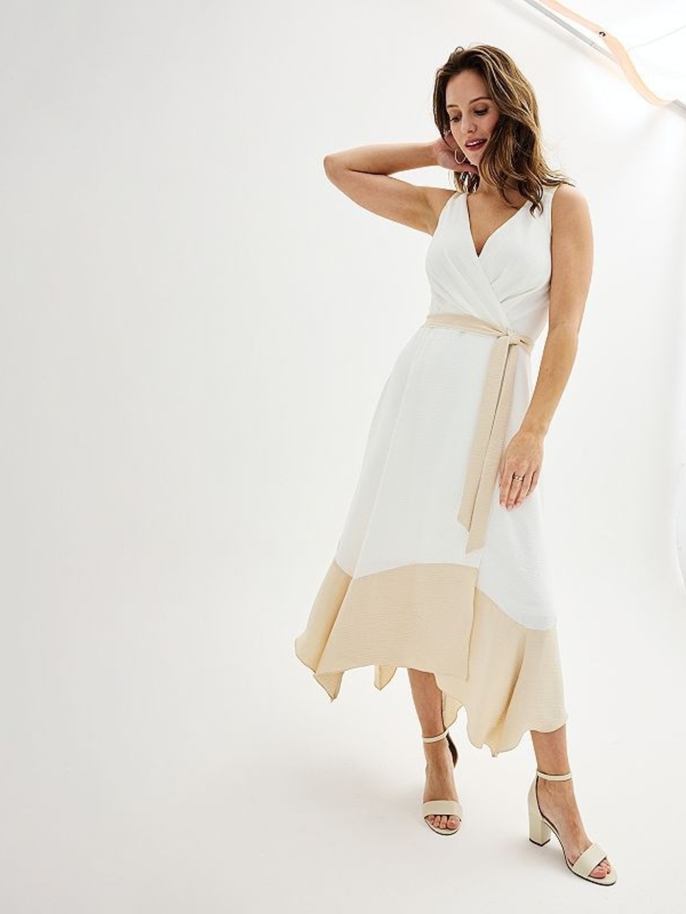 Sleeveless White and Beige Maxi Wrap Dress with Belt